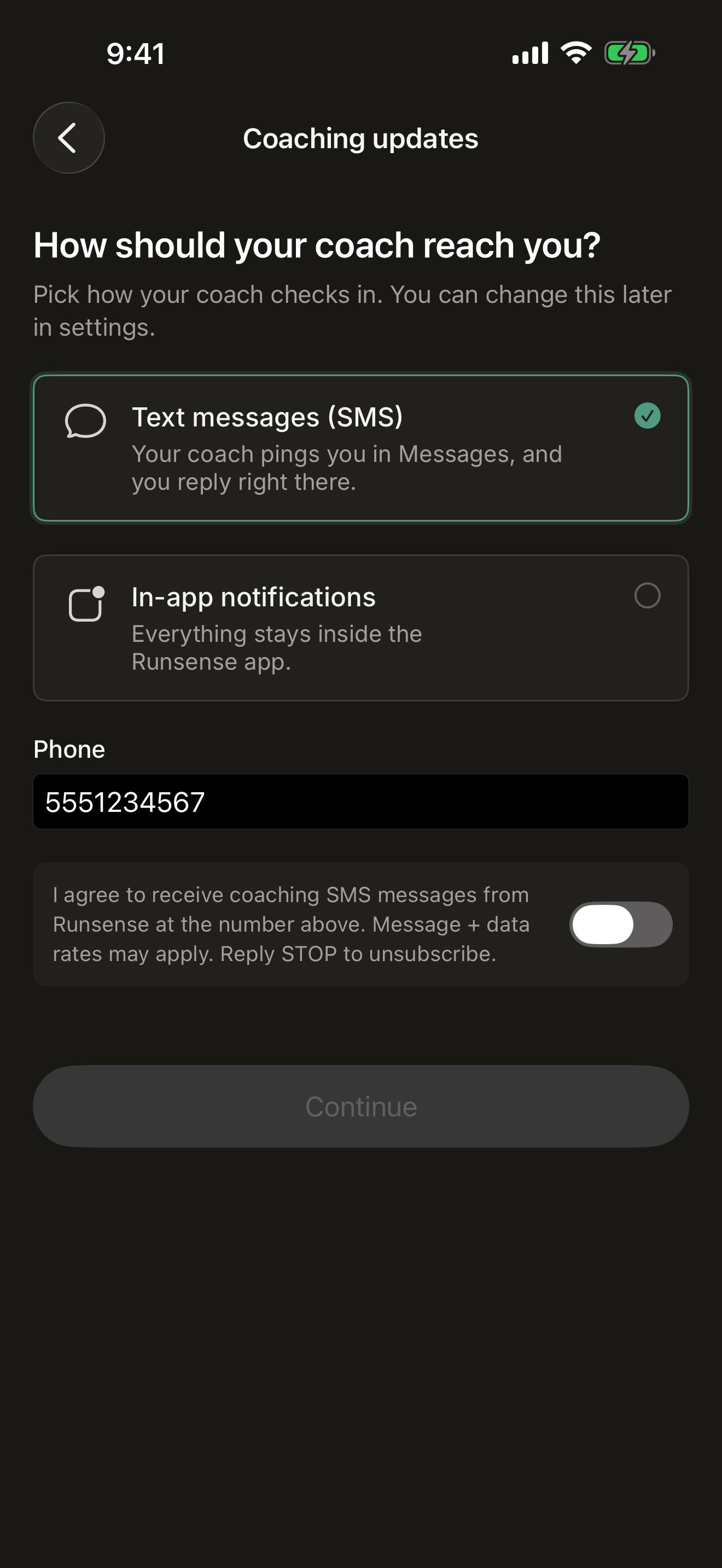 The Runsense iOS signup screen titled Coaching updates: a Text messages (SMS) option selected, a phone number field, and a consent agreement with its switch turned off.