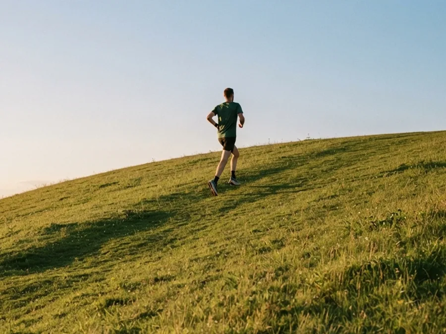 A runner climbing a long grassy hill in evening light, close to the crest.