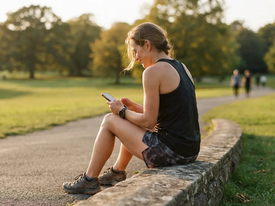 A runner sitting on a low wall beside a park path in evening light, reading something on her phone.