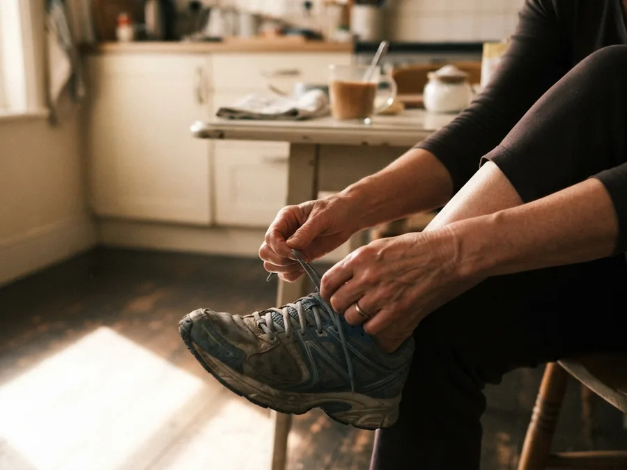 Hands lacing a worn running shoe in morning kitchen light.