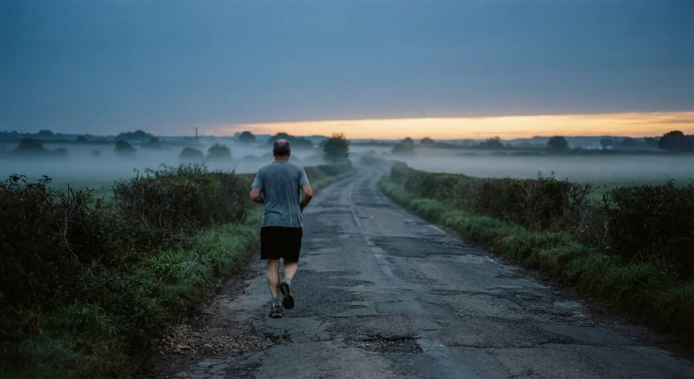 A runner on a quiet country road at dawn, mist over the fields.