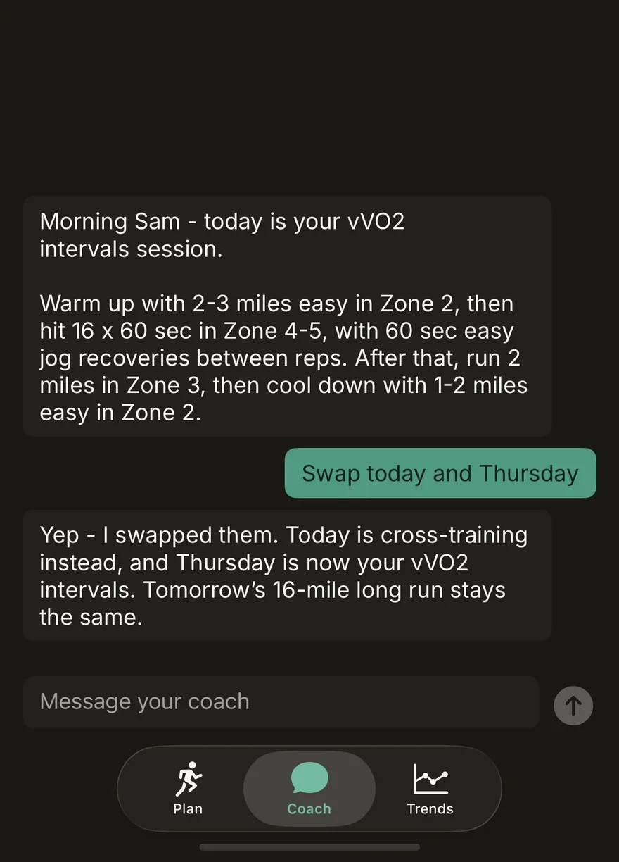 A coach chat: the athlete texts "Swap today and Thursday", and the coach confirms it swapped them, moved the intervals to Thursday, and kept tomorrow's 16-mile long run in place.